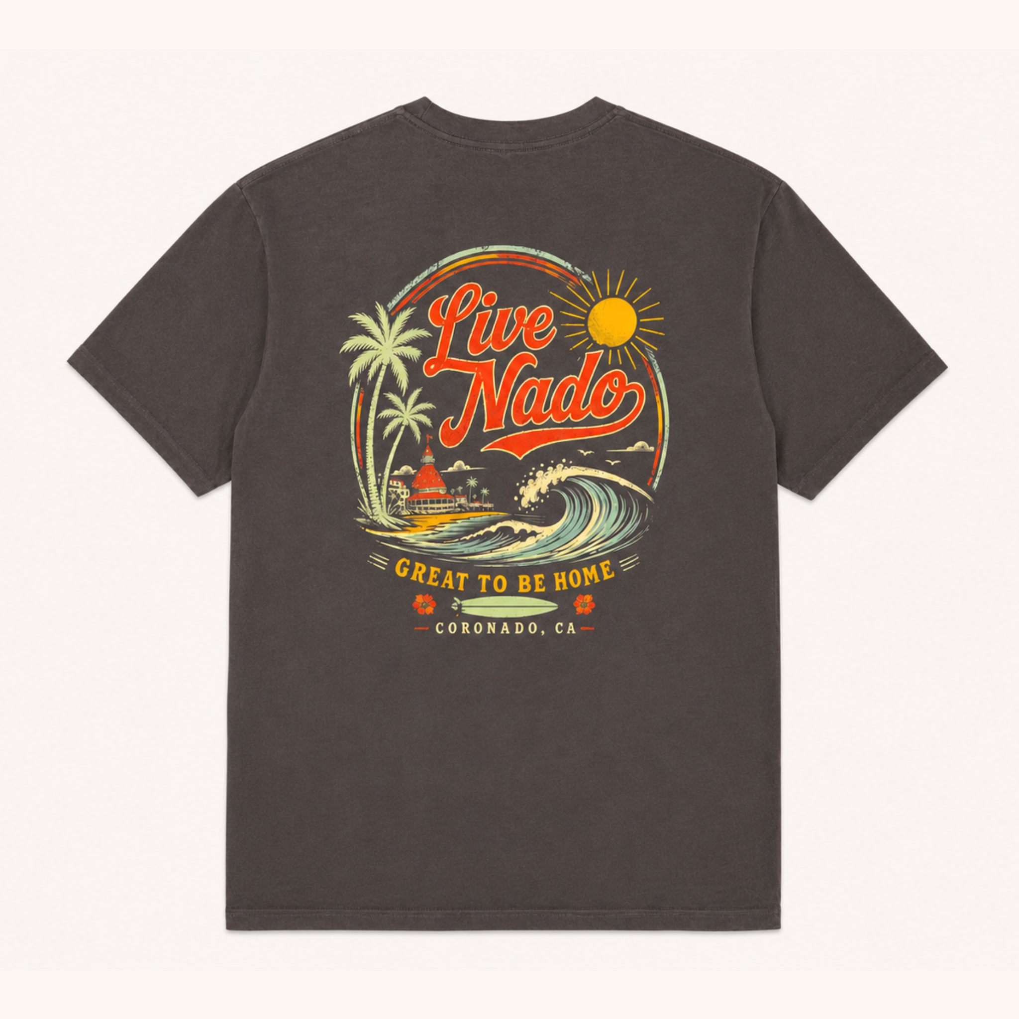 Dark gray t-shirt with 'Live Nado' graphic design on a white background