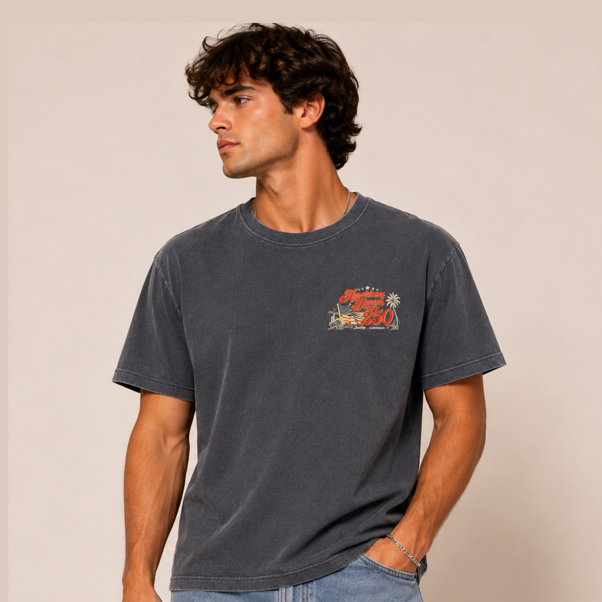 Male model wearing vintage navy tshirt with American Dream patriotic design