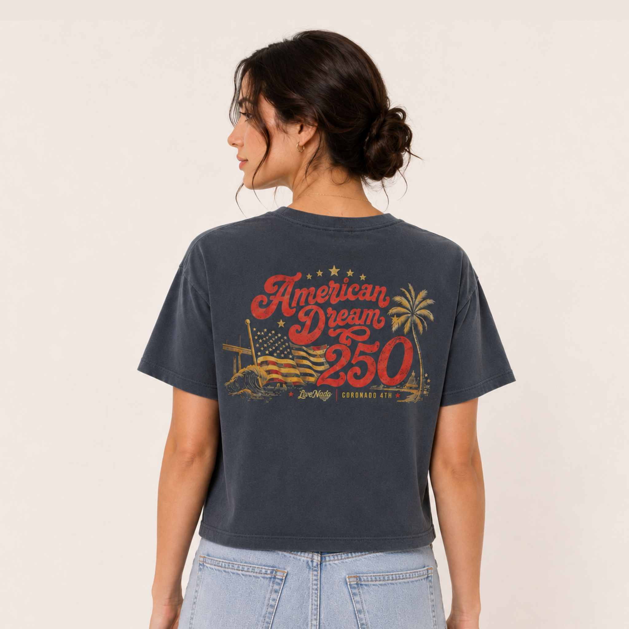 Vintage navy waist length women’s tee with patriotic graphic 